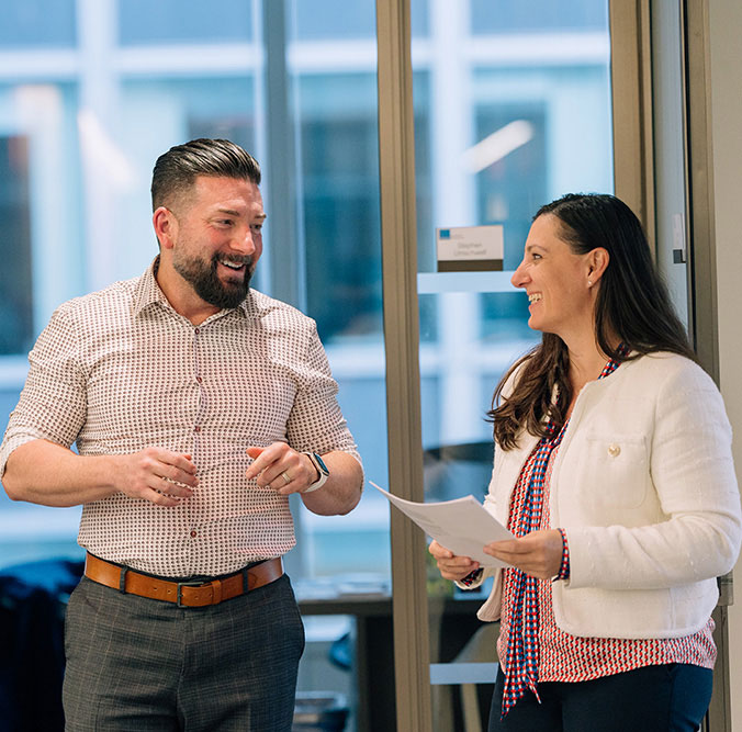 There are two people talk together